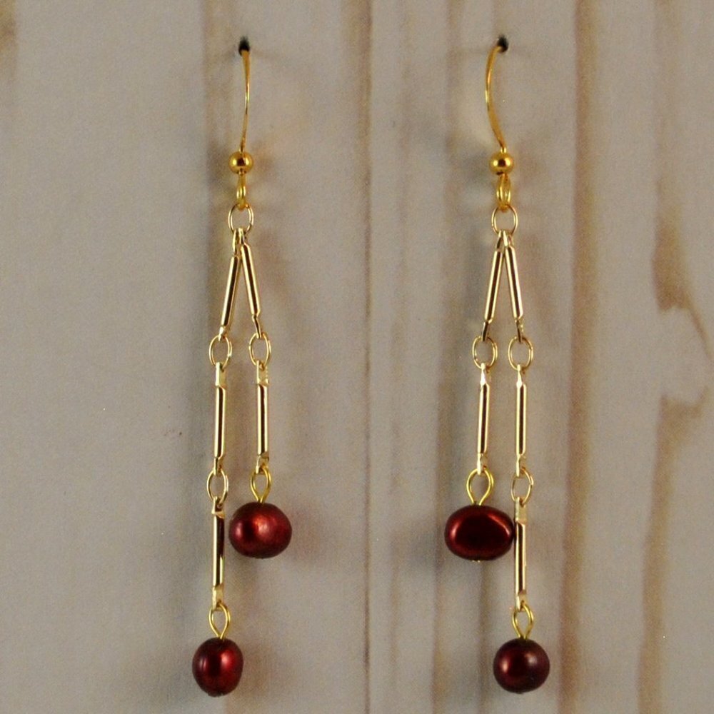 Ruby Freshwater Pearl & Gold Earrings Handmade Elegant Dangle Drop Dangl…